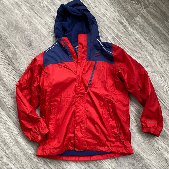 L.L. Bean Kids' Trail Model Rain Jacket Lined Colorblock Red Navy Size Large - Picture 1 of 13
